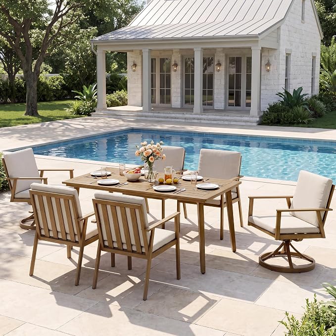 7 Pieces Patio Dining Set for 6, Aluminum Outdoor Dining Table Sets with Umbrella Hole, Modern Outdoor Furniture Set with 2 Swivel Chairs, 4 Dining Chairs and Table for Backyard Poolside,Teak