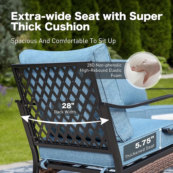 SUNSHINE VALLEY 4 Piece Metal Outdoor Patio Furniture Sets with Firepit Table, Patio Conversation Sets 1 3-Seater Sofa, 2 Swivel Sofa with 5.75" Thick Cushion Backyard Furniture for Deck, Denim Blue