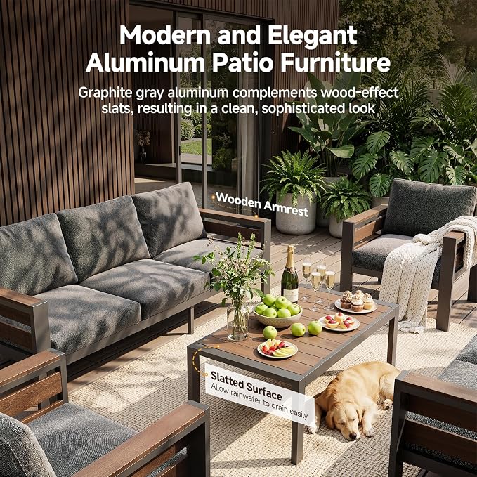 Outdoor Aluminum Patio Furniture Set, 7 Seat 5 Pieces Rust-resistant Patio Conversation Sets with 28D Thick Washable Cushions and Coffee Table, Oversized Metal Sectional Sofa Set for Backyard