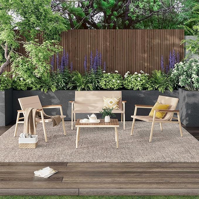 Suntone 4 Pieces Outdoor Patio Furniture Set, Garden Patio Conversation Sets with Padded Suspended Cushion, Outdoor Furniture Set for Lawn Backyard Balcony, Beige