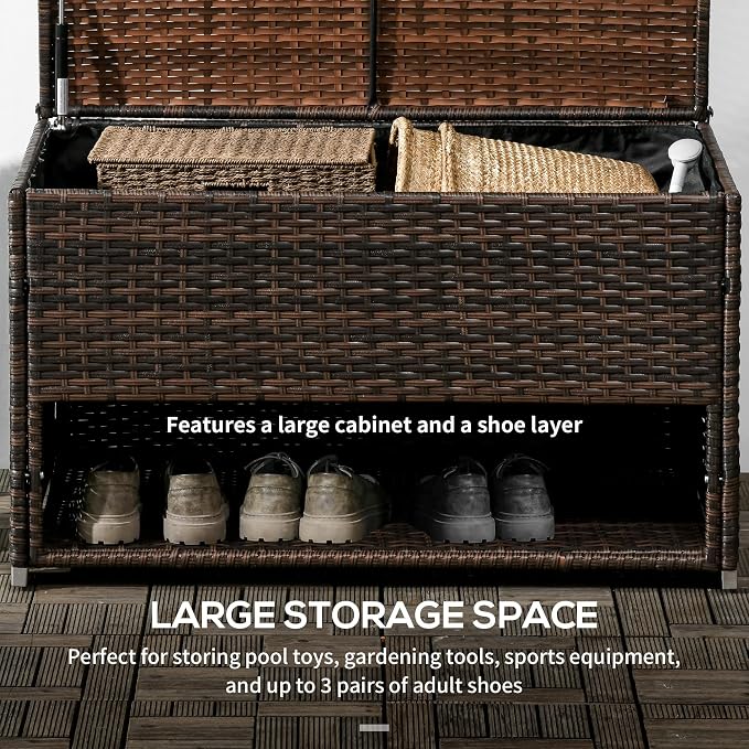 Outdoor Deck Box Shoe Storage, PE Rattan Wicker Towel Rack with Liner for Indoor, Outdoor, Patio Furniture Cushions, Pool, Toys, Garden Tools, Brown