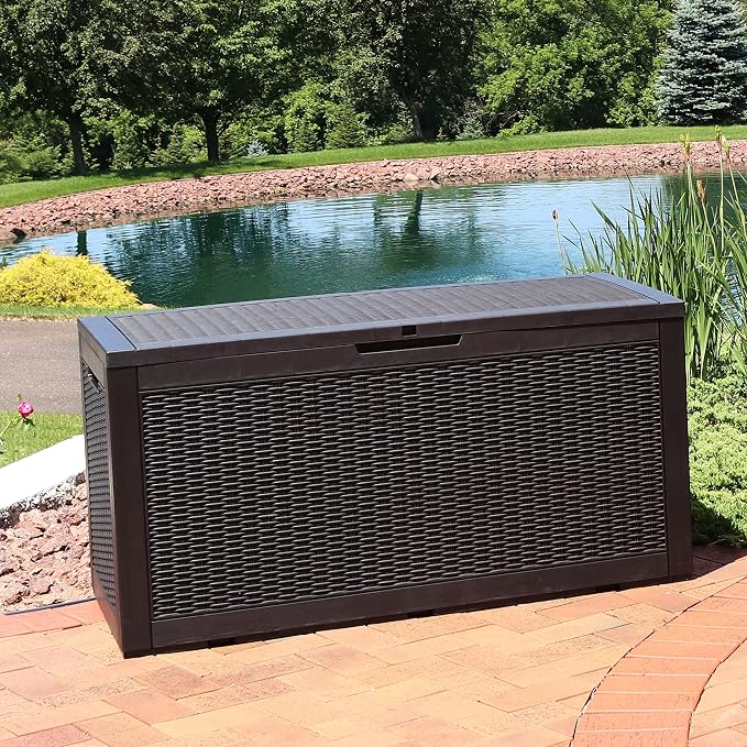 Sunnydaze Outdoor Deck Box - Lockable Package Delivery Box - Weather-Resistant Outdoor Storage Bin - 100-Gallon Faux Resin - Phantom Gray