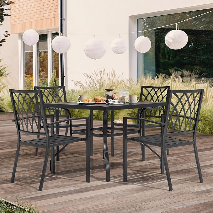 NUU GARDEN 5 Piece Outdoor Dining Set, Metal Patio Dining Chairs Stackable and Square Dining Table with Umbrella Hole for Backyard, Deck, Yard, Garden, Black