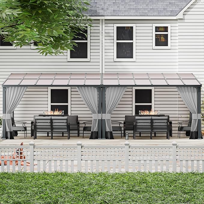 10' x 24' Lean to Gazebo,Large Wall Mount Heavy Duty Gazebos Pavilion,Outdoor Hardtop Pergola Shelter with Curtains and Netting,Sunshade for Patio Garden Lawn Backyard Deck,Grey
