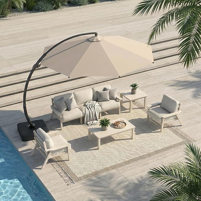 7 Piece Patio Conversation Sets, Outdoor Couch with Washable Thick Beige Cushions, HDPE Patio Furniture Set with 12FT Umbrella, Outdoor Sectional Furniture for Backyard (White Frame)