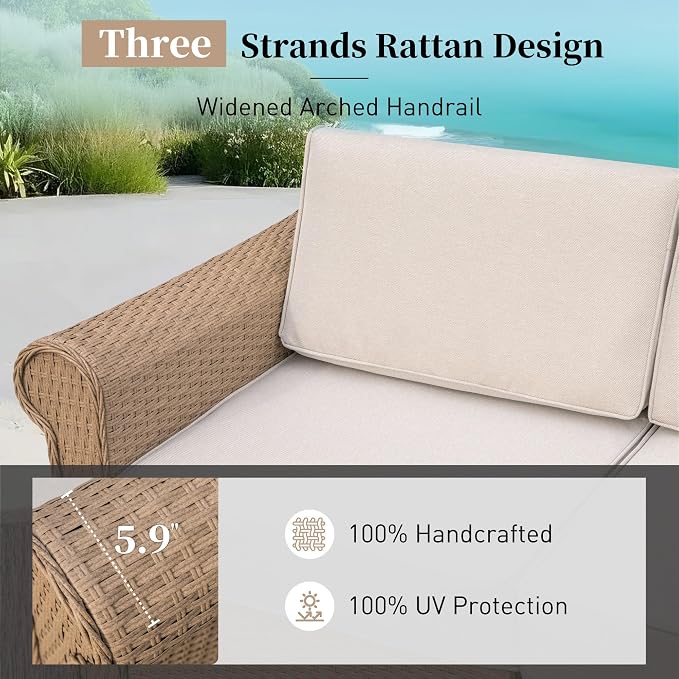 SUNSHINE VALLEY Patio Furniture Set, Wicker Outdoor Furniture Sectional Sofa with Fire Pit Table, 7 Seats Patio Conversation Set with 5.5" Thick Cushion for Garden Deck Backyard, Beige