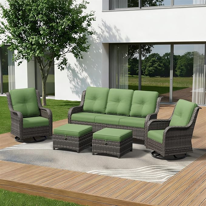 5 Piece Outdoor Wicker Patio Furniture Set, Outdoor Swivel Rocker Patio Chairs Set with Thickened Olefin Cushions, High Back and Deep Seating, Hand-Woven PE Rattan for Porch, Deck