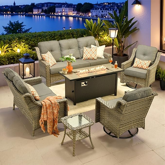 6 PCS Outdoor Patio Furniture Sets,Patio Conversation Sets Outside Rattan Soft Cushion Sofa with 2 Wicker Rocking Chairs & 54 in Fire Pit Table Fit Backyard Porch Garden Poolside Balcony,Dark Grey