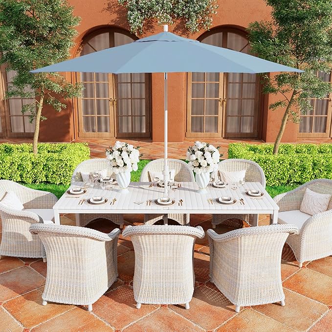 California Umbrella 11Ft Premium Sunbrella Patio Umbrella, Hand-Crank, Tilt-Collar, White Frame, Air Blue Fabric