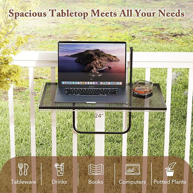 HAPPYGRILL Balcony Hanging Table for Railing, Outdoor Metal Folding Deck Bar Table with Adjustable Hooks, Black