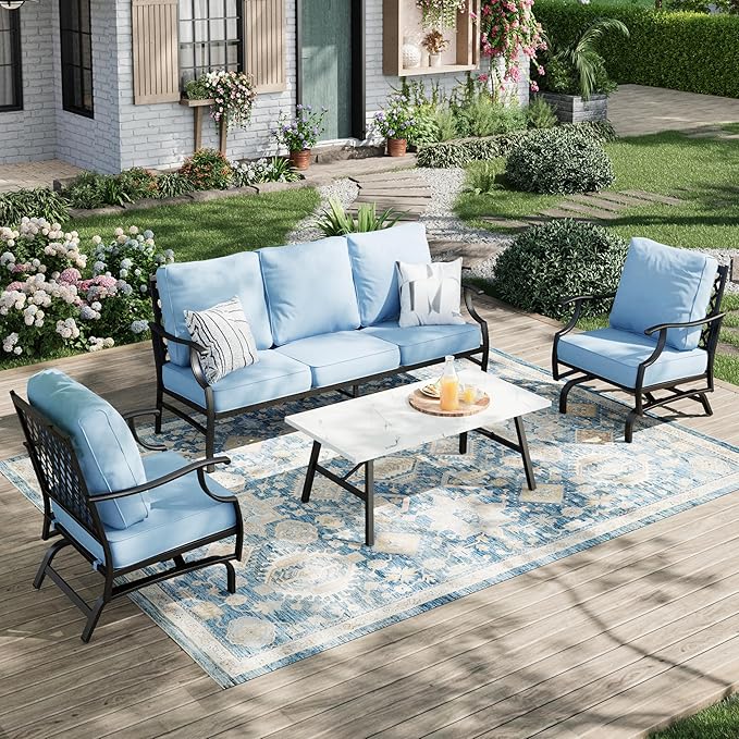 Patio Furniture Set 4 pcs, Outdoor Patio Furniture, 3-Seat Sofa, 2 Rocking Chairs, Metal Coffee Table and 5.75" Extra Thick Cushion, Patio Conversation Set for Garden Backyard Deck,Blue