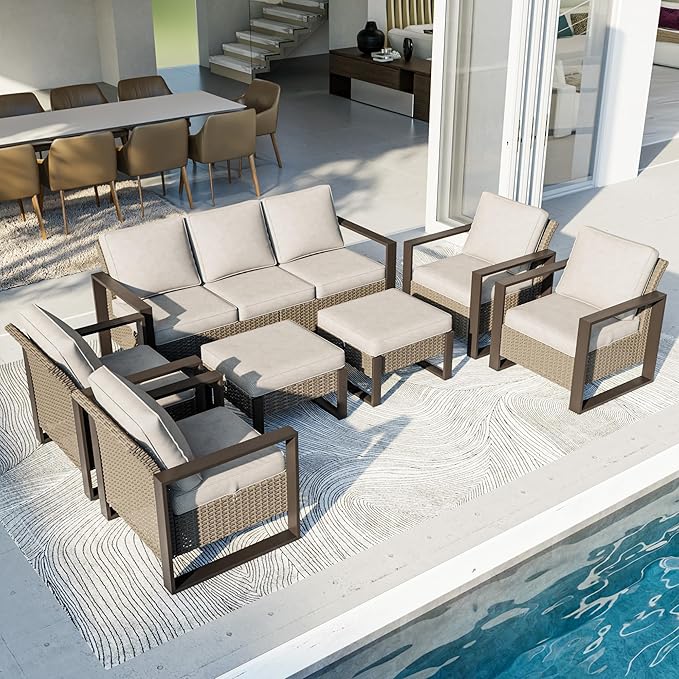 Outdoor Patio Furniture Set, 7 Piece Wicker Patio Conversation with Deep Seating, Thicken Cushions, Outdoor Club Chair, Metal Outdoor Furniture for Deck, Porch, Yard Use (Beige, 7 PCS/Chairs)