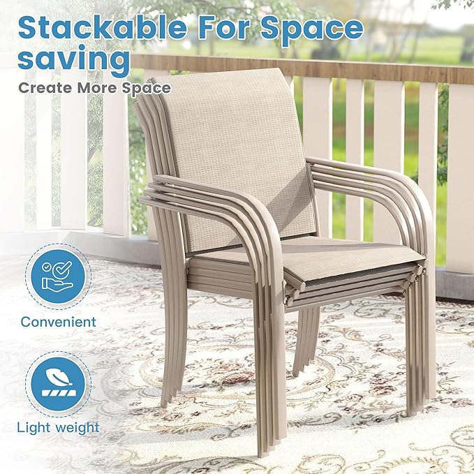 DIFY 7 Pieces Outdoor Patio Dining Set for 6, 50" Round Metal Dining Table and 6 Stackable Textilene Patio Chairs, Outdoor Table and Chairs for Backyard Garden Poolside, Sandshell