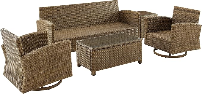 Crosley Furniture Bradenton 5-Piece Wicker Outdoor Sofa and Swivel Rocker Patio Furniture Set for Porch, Brown with Navy Cushions