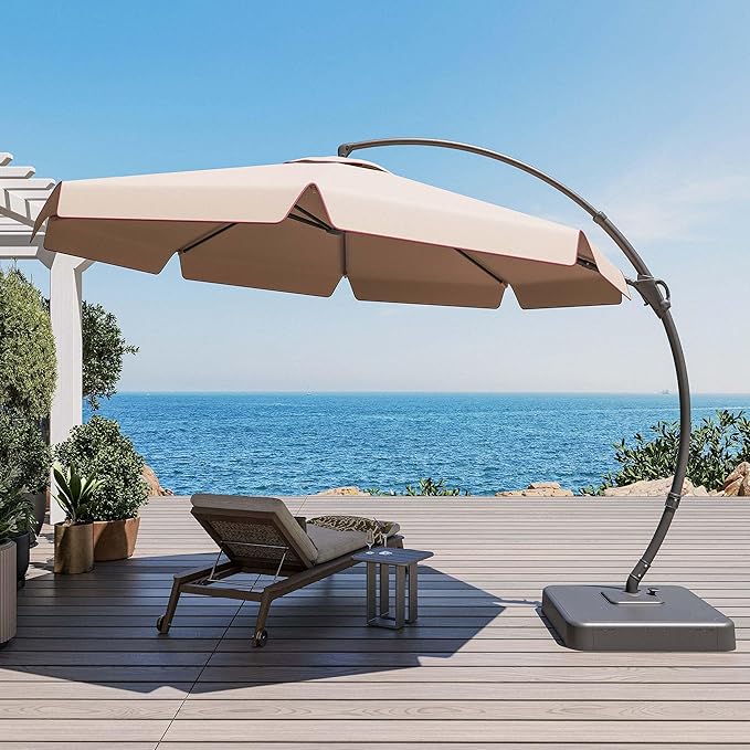LAUSAINT HOME 12ft Patio Cantilever Umbrella with Base Included, Outdoor Curvy Round Offset Umbrella, Heavy Duty Aluminum, 360° Rotation for Pool, Deck, Lawn, Backyard, Beige Lotus Wave