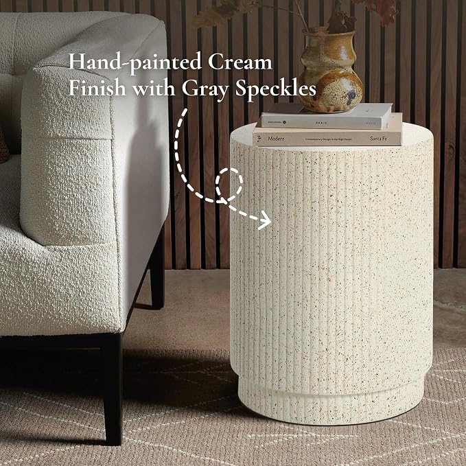 LuxenHome Cream Cement Round Outdoor Side Table, End Tables for Patio, Garden Small Accent Decorative Stool, Plant Stand Drum Table Indoor and Outdoor