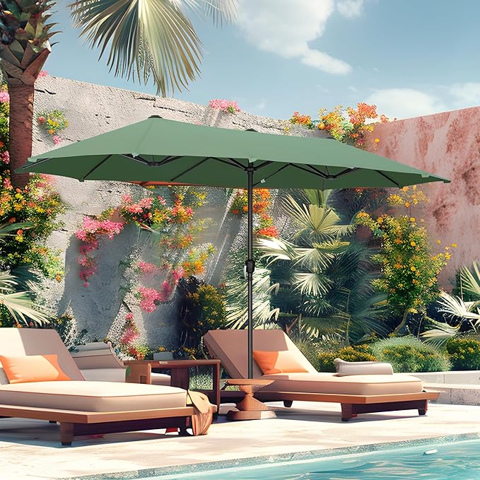 MFSTUDIO 13ft Outdoor Patio Umbrella, Double Sided Large Rectangular Umbrella Market Table Twin Triple Rectangle Umbrellas with Crank Handle for Outside Picnic Backyard Deck Pool (no base)