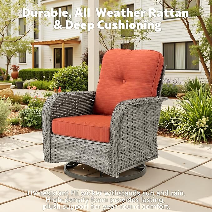Patio Furniture, All Weather Wicker 6 PCS Outdoor Sofa with High Back Swivel Rocker Chairs, Conversation Set with Solar Light Coffee Table,Light Rattan Red Cushion