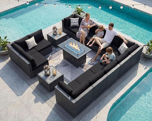 NICESOUL 15 Piece Outdoor Patio Furniture Set with Fire Pit, Extra Large Wide Outdoor Deep Seated Sectional, Cozy 29.3'' High-Back Modular Couch, 500 Lbs High Weight Capacity Wicker Sofa, Gray & Black