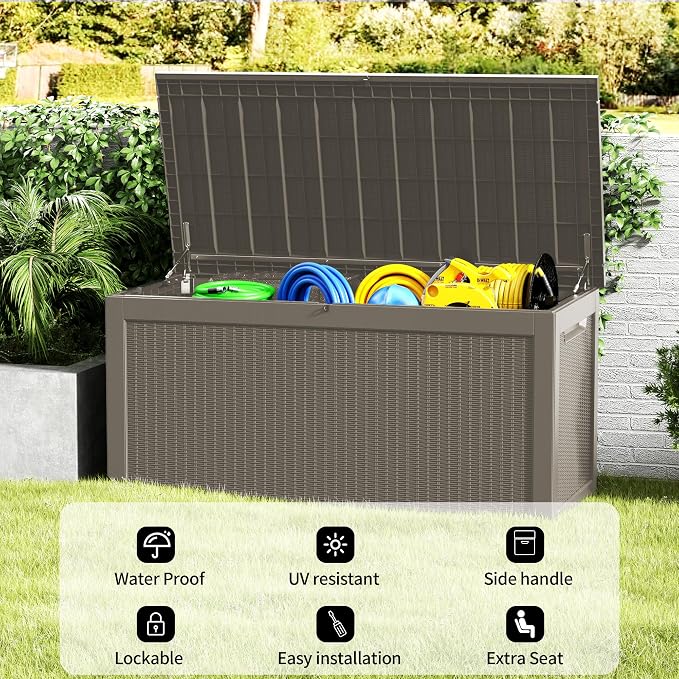 Outdoor Storage Box 325GAL Waterproof Resin Deck Box,Pool Accessories Supplies，UV-Resistant Lockable Package Delivery Bin for Garden Tools,Large Patio Outside Cushions,Chest,Furniture,Grey
