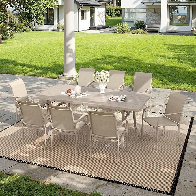 VICLLAX 9 Pieces Patio Outdoor Dining Set, 70" Outdoor Rectangular Metal Dining Table with Umbrella Hole and 8 Stackable Textilene Chairs for Lawn, Garden, Porch, Sandshell