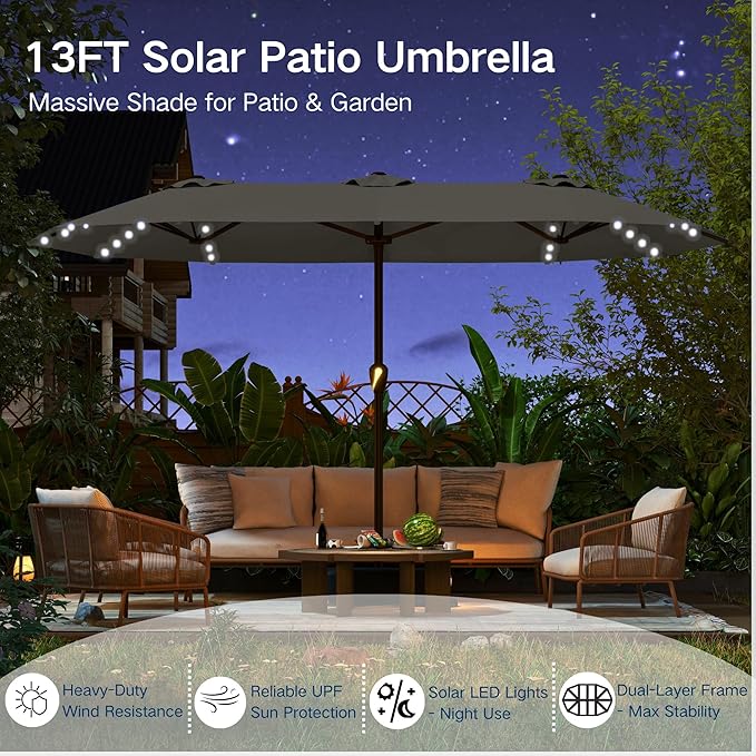 Large Patio Umbrella with Solar Lights and Base, Double-Sided Outdoor Rectangle Umbrella with 48 LED Lights, Market Table Umbrellas with UV Resistant Canopy