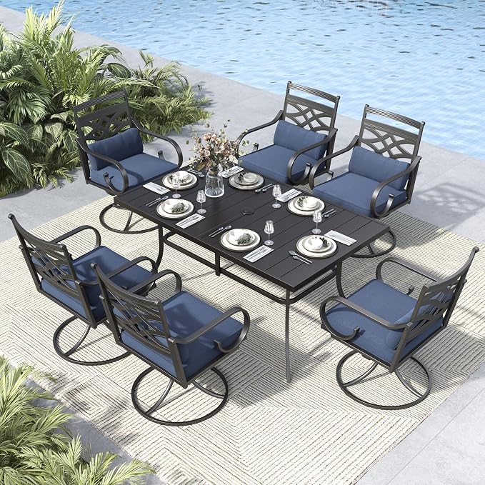 MFSTUDIO 7 PCS, Patio Dining Set, 59"×35", Swivel Chairs, Umbrella Hole | Blue, Steel, Metal, E-coated frame