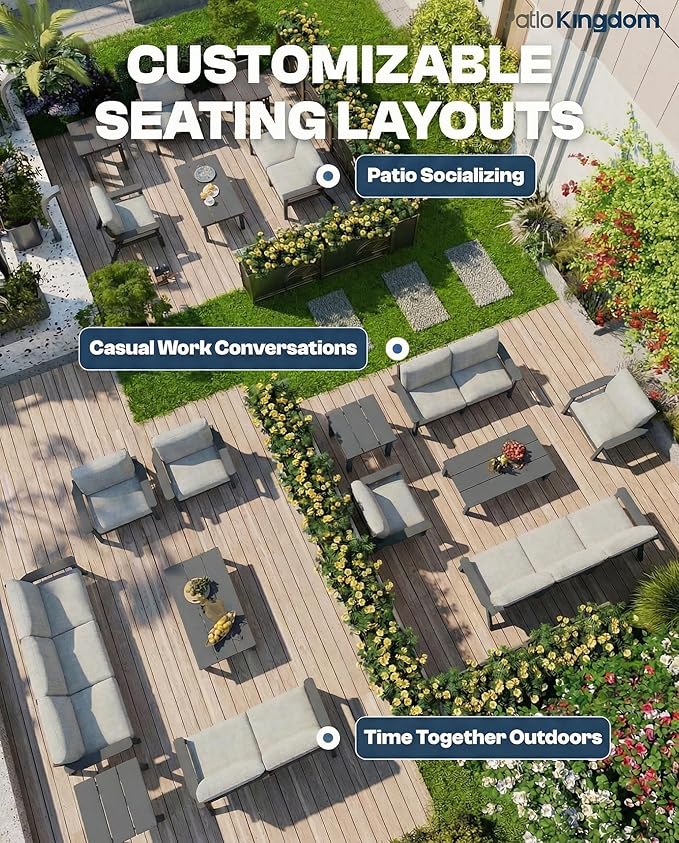 7 Piece Patio Conversation Sets, Outdoor Couch with Washable Thick Gray Cushions, HDPE Patio Furniture Set, Outdoor Sectional Furniture for Backyard, Deck, Lawn, Porch (Grey Frame)