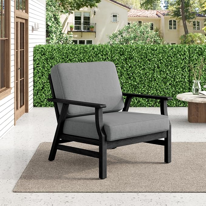 Dark Wood Patio Chair Outdoor Bistro Set, 2 Piece Outdoor Armrest Chair All Weather Patio Sofa Furniture Backyard Conversation Sets with Cushions - Gray