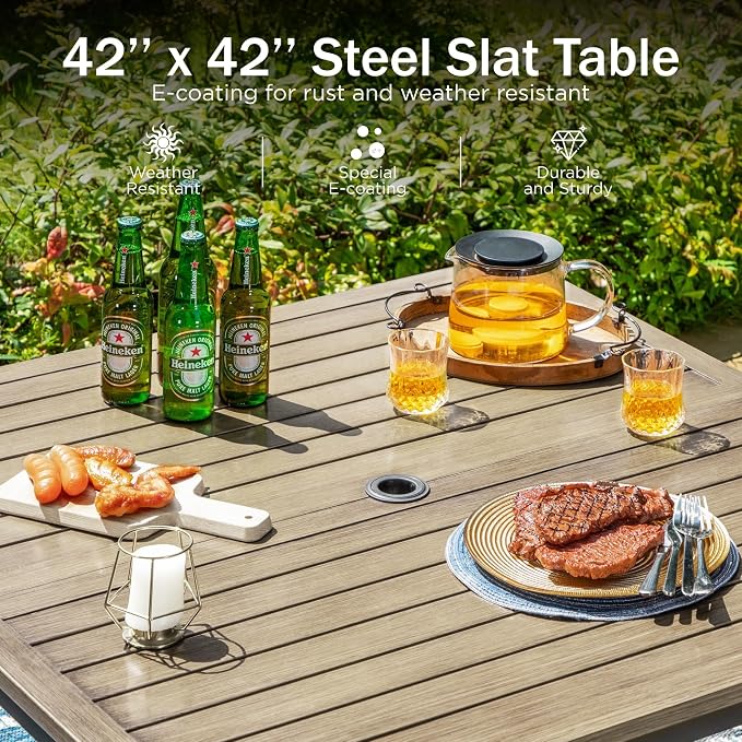 PHI VILLA Patio Dining Set, Square Metal Table | Metal chairs, Blue, Umbrella Hole, Cushions, E-coated