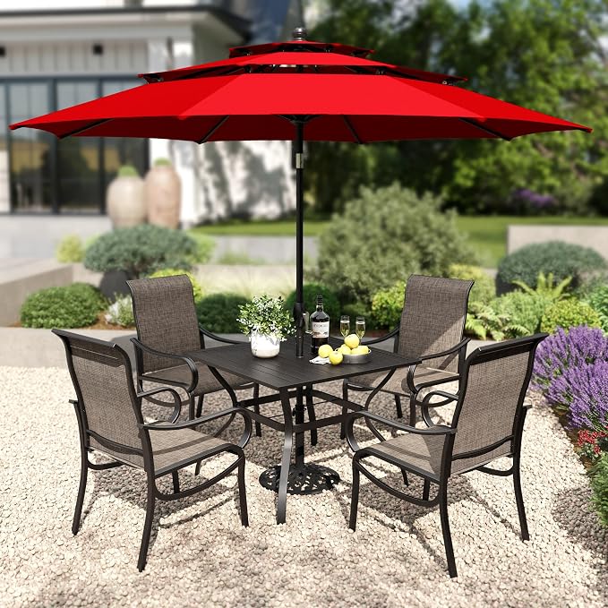 PHI VILLA 6 Pcs Patio Dining Set with 10ft Umbrella for 4, Mesh Chairs | 37" square metal table, 4 high-back textilene chairs, 10ft red umbrella for outdoor, deck, lawn. Rust-resistant, easy-clean