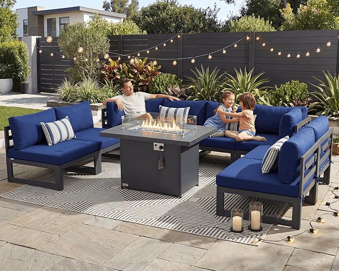 NICESOUL 9 Piece Oversized Modern Aluminum Outdoor Patio Furniture Set with Fire Pit Table, 29" Wide Deep Seat, Fade Resistant Comfy Sectional Sofa, 500 lbs Sturdy Backyard Conversation Set, Navy Blue