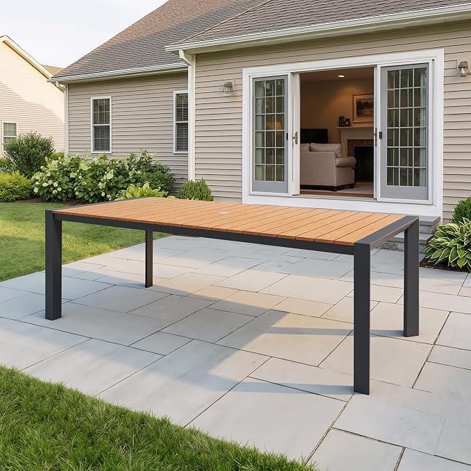 Crestlive Outdoor Dining Table for 8, Patio Table with Umbrella Hole, Aluminum Frame & WPC Wood-Like Tabletop Ideal for Garden, Backyard, and Indoor
