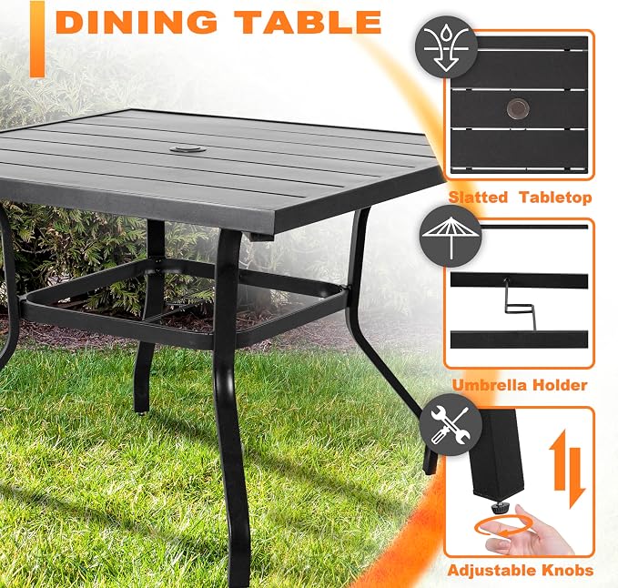 NUU GARDEN 5 Piece Outdoor Patio Dining Set, 4 Swivel Rocker Chairs with Padded Cushions, 37" x 37" Square Iron Dining Table with 1.57" Umbrella Hole, Black and Beige Cushion