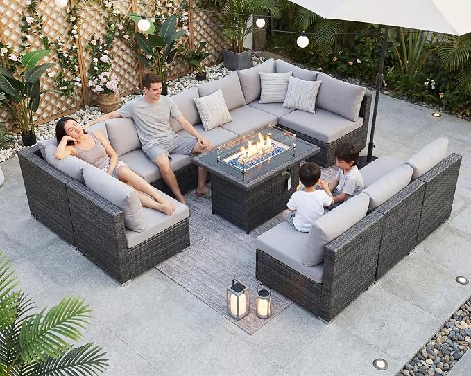 BULEXYARD 11 Piece High Back Patio Furniture Set with Fire Pit Table, Oversized Comfy Deep Wide Seat Outdoor Sectional Sofa, All-Weather Wicker Modular Conversation Couch 10-Seats for Deck, Light Grey