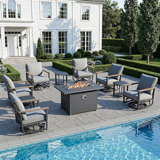 10Pcs Aluminum Patio Rocking Swivel Chair with 55,000 BTU Fire Pit Table Outdoor Bistro Set with Coffee Table, Patio Furniture Set with High Backrest & Thickened Cushions, Grey