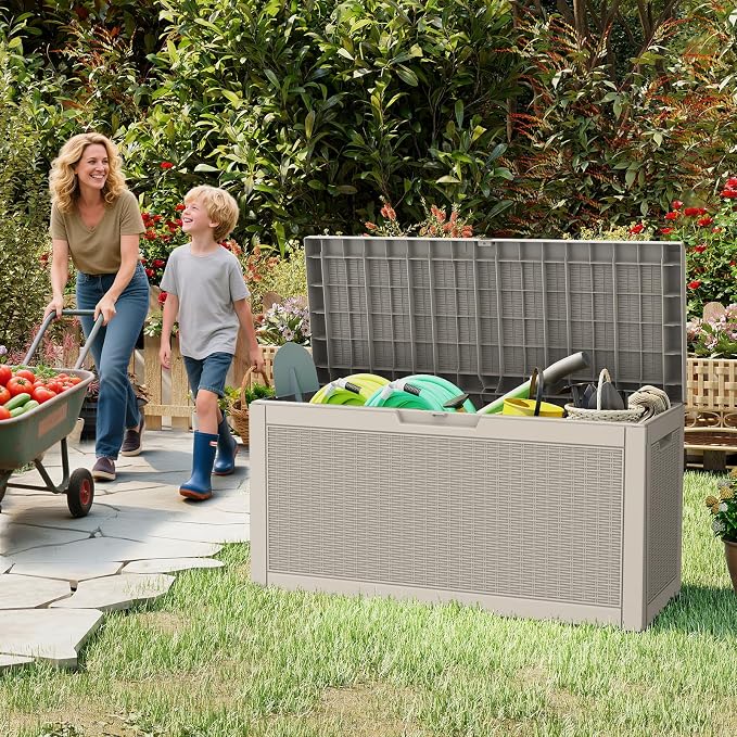 LubanNese Outdoor Storage Box, Waterproof Deck Box, Outdoor Patio Storage Bin, Weatherproof (Grey, 66 Gallon with Seat)