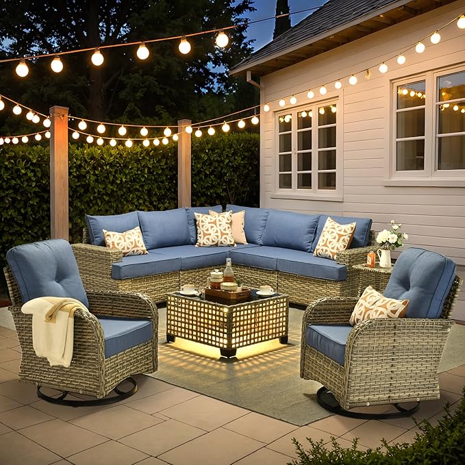 9 Pcs Outdoor Sectional Patio Furniture Set with Swivel Rocking Chair - All Weather Wicker Modular L Shaped Outside Sectional Couch,Patio Seating Outdoor Conversation Sets for Deck Yard,Blue