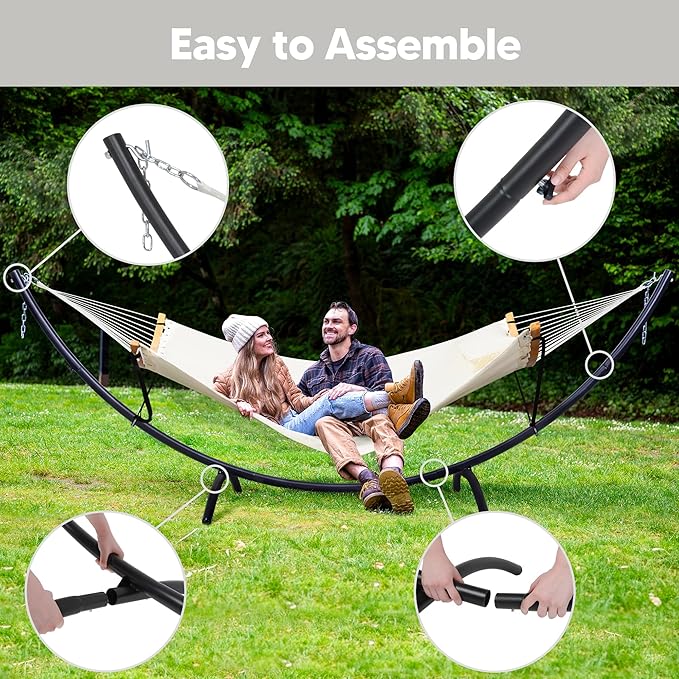 SUNCREAT Hammocks for Outside with Stand, Porch Hammock and Stand, 475 lbs Capacity, Patent Pending, Beige