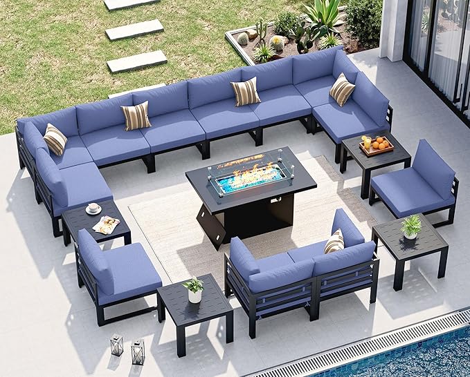 NICESOUL 12 Person Oversized Aluminum Patio Furniture Set with Fire Pit Table & Side Table, 500 lbs Heavy Duty Modular Sectional Sofa, Modern Water Resistant Conversation Set for Terrace, Denim Blue