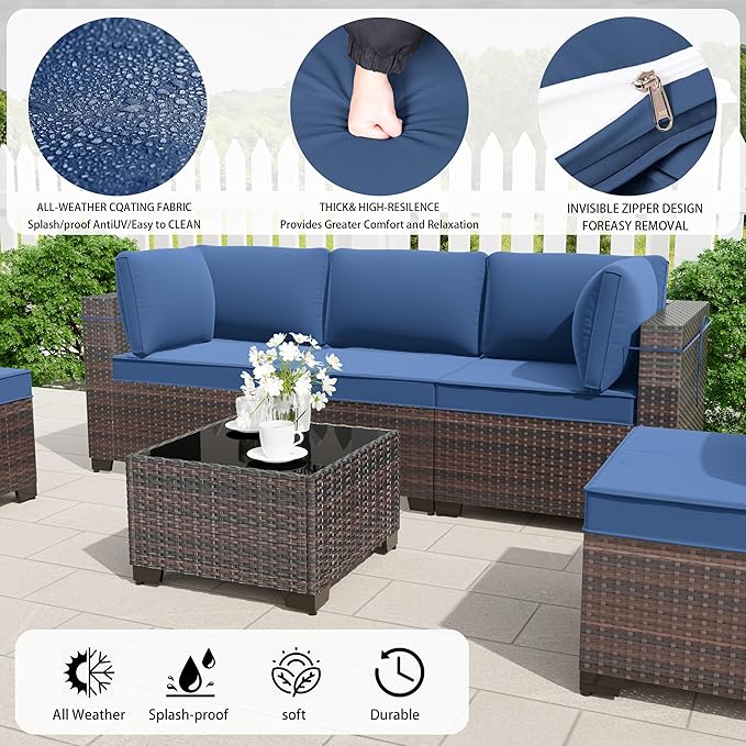 15 Pieces Outdoor Patio Furniture Set,Outdoor Sectional Furniture with 43" 55000 BTU Gas Propane Fire Pit Table,All Weather PE Rattan Wicker Patio Conversation Set,Navy Blue