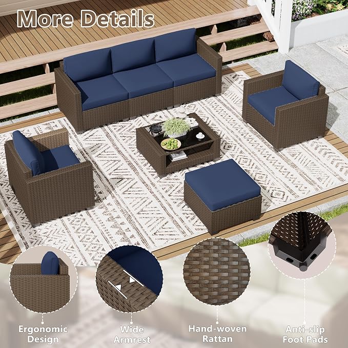LOUVIXA 7 Piece Outdoor Patio Furniture Set, Rattan Chairs Glass Table Wicker Conversation Seating Sectional Sofa with Cushions (Brown-Navy, 7Pcs-2 Layer Coffee Table)