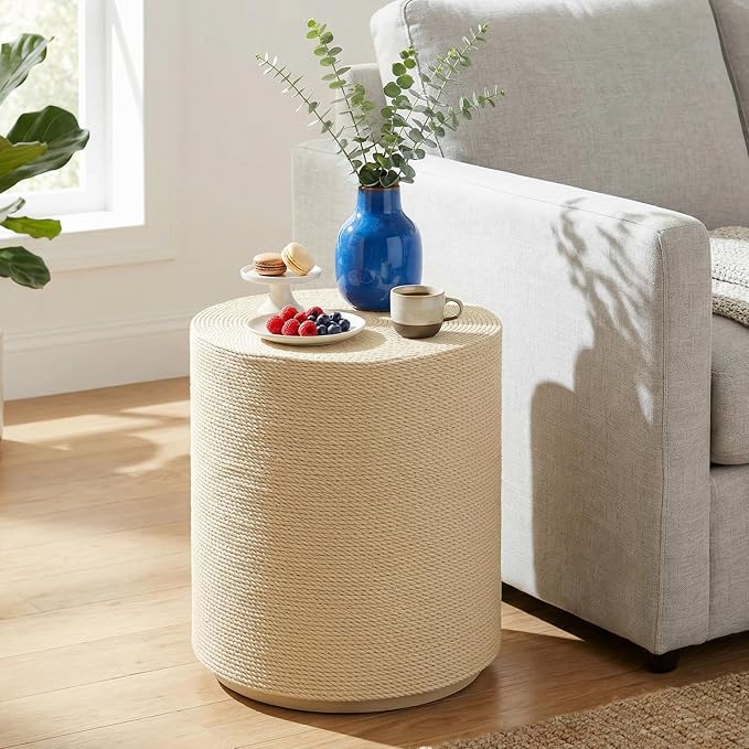 Christopher Knight Home 18.11" H Simulated Rattan Cylindrical MGO Side Table Sculptural End Table Indoor Outdoor Living Room Patio Balcony Decor Accent Table, Natural Wood