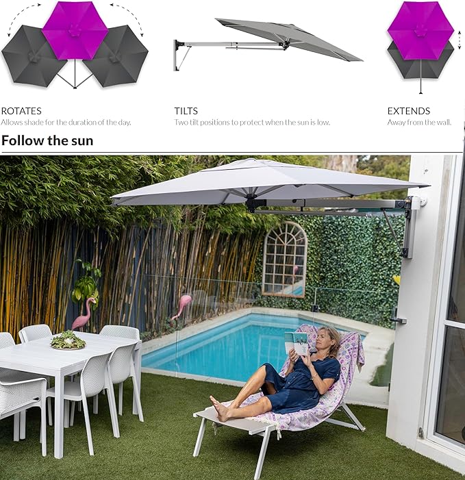 ShadowSpec Retreat Patio Umbrella, Large 9FT Hexagon Wall Mount Umbrella for Balcony, Apartments, And Outdoor Patio