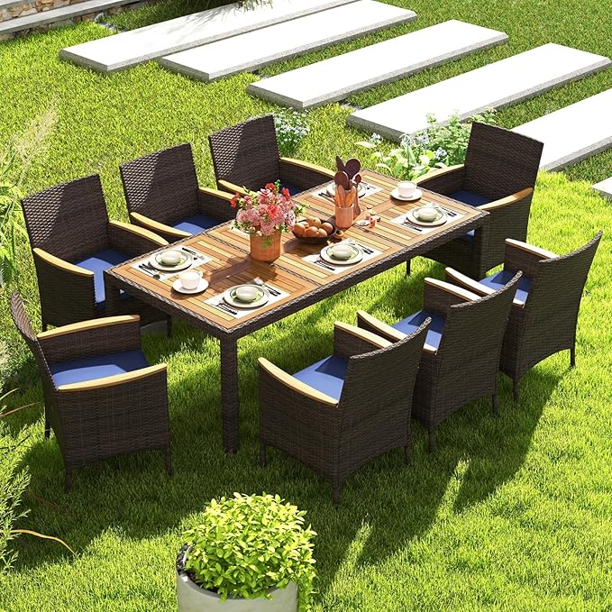HAPPYGRILL 9 Pieces Acacia Wood Patio Dining Set for 8 People, Outdoor Rattan Furniture with Cushions, Rectangular Dining Table with Umbrella Hole, for Garden Backyard Deck