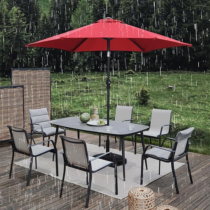 GDY 7.5FT Patio Umbrella Outdoor Table Umbrella,Market Umbrella with 6 Sturdy Ribs, with Push Button Tilt and Crank for Garden, Lawn, Deck, Backyard & Pool (Red)