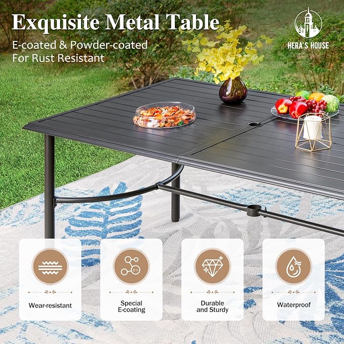 HERA'S HOUSE 7pc Outdoor Patio Dining Set, 6 Textilene Chairs, Brown | 67" rectangular metal table with umbrella hole. Waterproof, rust-resistant, all-weather for backyard, porch