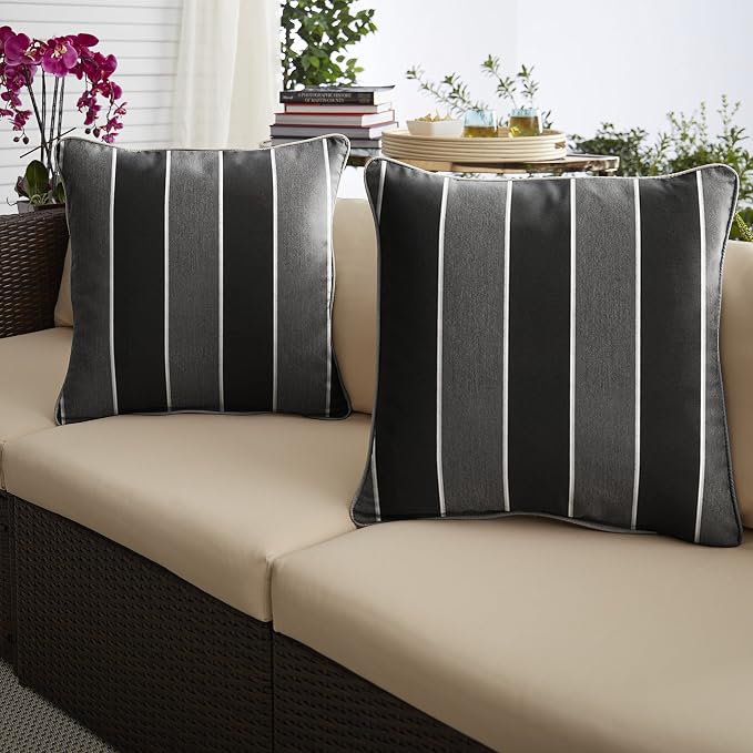 Mozaic Company AMPS112004 Indoor Outdoor SunbrellaSquare Pillow with Corded Edges, Set of 216 x 16 Grey/Black Stripes & Silver Grey