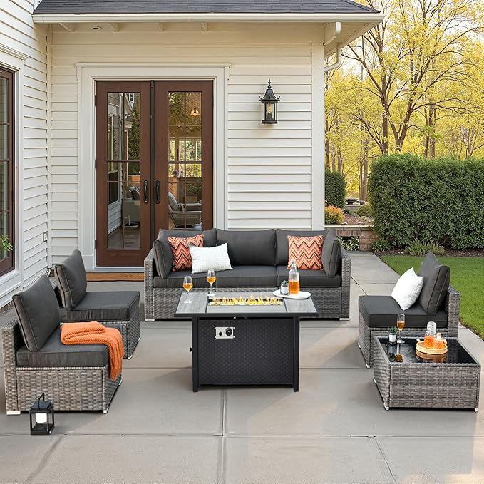 8 PCS Outdoor Patio Furniture Sets with 42 in Fire Pit Table,Wicker Weather Resistant Patio Conversation Set with Comfy Cushions,Modular L Shaped Sofa with Coffee Table for Yard,Black