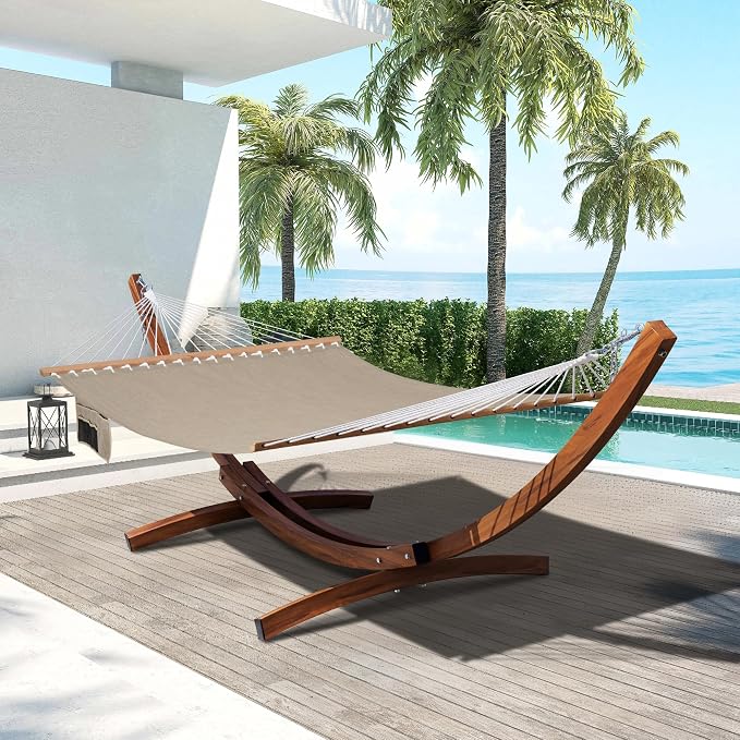 Lazy Daze Hammocks 12 FT Double Quick Dry Olefin Blend Hammock with Curved Steel Heavy Duty Stand for Outside, Backyard, 450 Lbs Capacity, Khaki